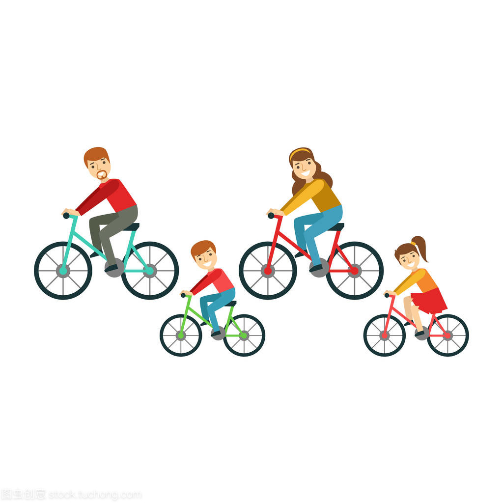 父母和孩子骑自行车在公园里,幸福的家庭,有良好的时间在一起图